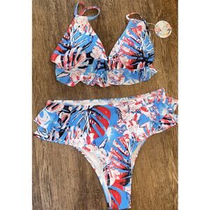 Binlowis Bikini Set Womens XL NWT Blue Floral Ruffle High Cut Swimwear Strappy